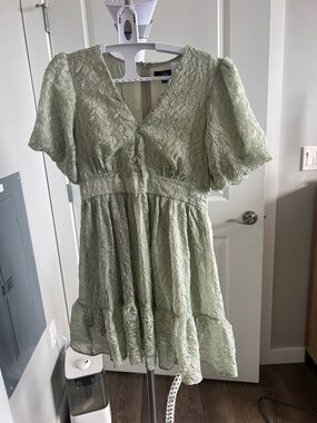 Lulu's Sage Green Textured Flutter Sleeve Mini Dress